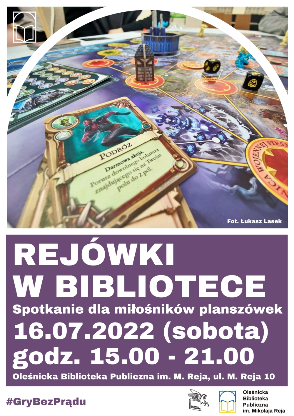 Plakat promujący spotkanie dla miłosników planszówek w Bibliotece w dniu 16.07.2022